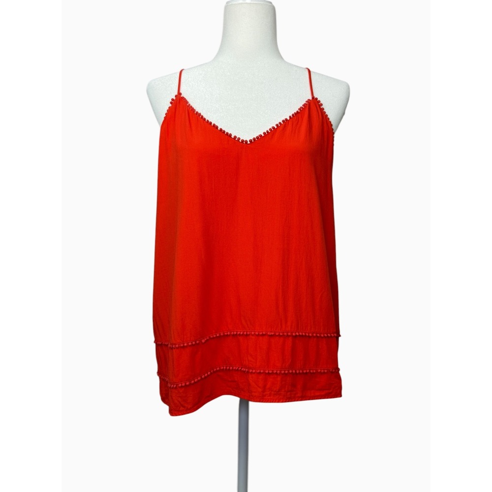 LOFT Women's M Coral Orange Tiered Cami Tank Top‎ Pom Trim Boho Lightweight